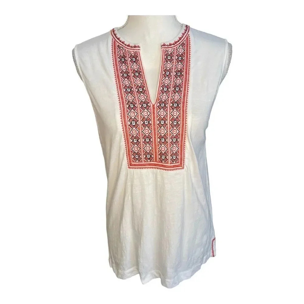 J. Crew Women's‎ Small Red & White Embroidered Placket Tank Top